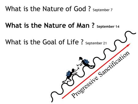 Progressive Sanctification What is the Nature of God ? September 7 What is the Nature of Man ? September 14 What is the Goal of Life ? September 21.