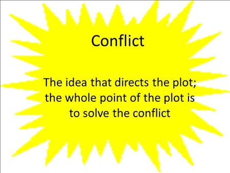 Conflict The idea that directs the plot; the whole point of the plot is to solve the conflict.