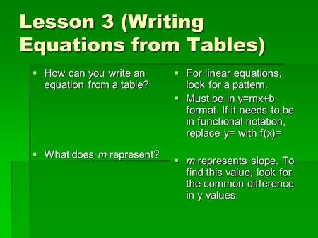 Lesson 3 (Writing Equations from Tables)