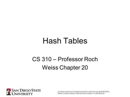 Hash Tables CS 310 – Professor Roch Weiss Chapter 20 All figures marked with a chapter and section number are copyrighted © 2006 by Pearson Addison-Wesley.