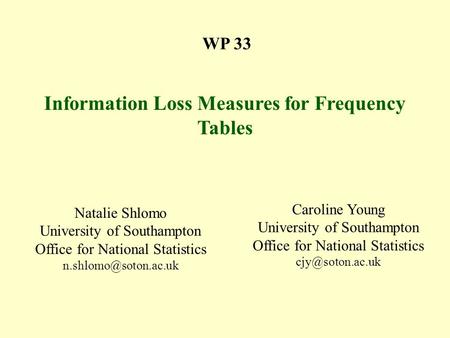WP 33 Information Loss Measures for Frequency Tables Natalie Shlomo University of Southampton Office for National Statistics Caroline.