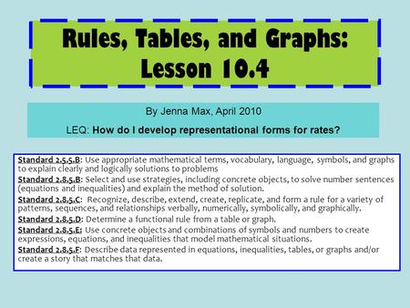 Rules, Tables, and Graphs: Lesson 10.4 Standard 2.5.5.B: Use appropriate mathematical terms, vocabulary, language, symbols, and graphs to explain clearly.
