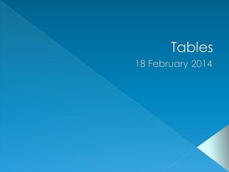 Table (TABLE) Contains TABLE ROWS (TR) Contains TABLE DATA (TD) Data can contain anything Text Lists Other tables Pictures …