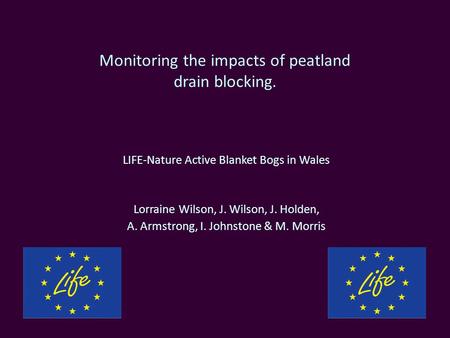 Monitoring the impacts of peatland drain blocking. LIFE-Nature Active Blanket Bogs in Wales Lorraine Wilson, J. Wilson, J. Holden, A. Armstrong, I. Johnstone.