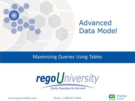 Www.regoconsulting.comPhone: 1-888-813-0444 Maximizing Queries Using Tables Advanced Data Model.
