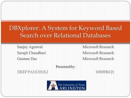 Sanjay Agrawal Microsoft Research Surajit Chaudhuri Microsoft Research Gautam Das Microsoft Research DBXplorer: A System for Keyword Based Search over.