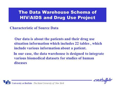 University at BuffaloThe State University of New York The Data Warehouse Schema of HIV/AIDS and Drug Use Project Characteristic of Source Data Our data.