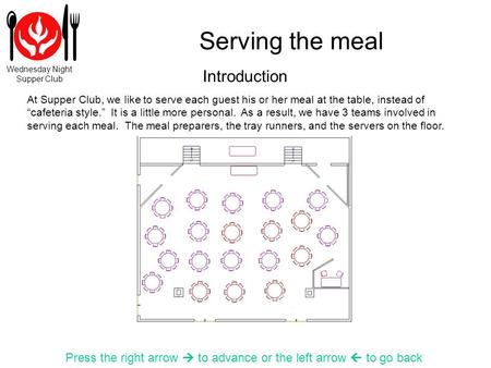 Wednesday Night Supper Club Serving the meal Press the right arrow to advance or the left arrow to go back At Supper Club, we like to serve each guest.