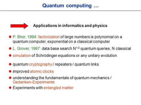 Quantum computing … Applications in informatics and physics P. Shor, 1994: factorization of large numbers is polynomial on a quantum computer, exponential.