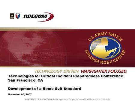 UNCLASSIFIED Technologies for Critical Incident Preparedness Conference San Francisco, CA Development of a Bomb Suit Standard November 06, 2007 DISTRIBUTION.