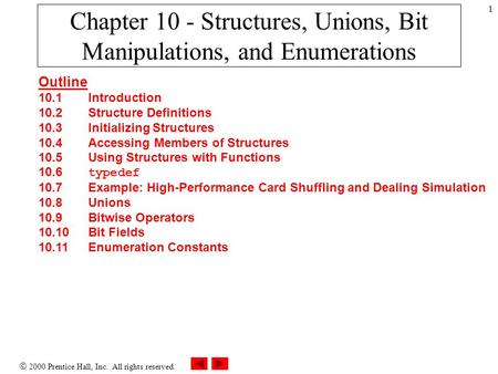 2000 Prentice Hall, Inc. All rights reserved. 1 Chapter 10 - Structures, Unions, Bit Manipulations, and Enumerations Outline 10.1Introduction 10.2Structure.
