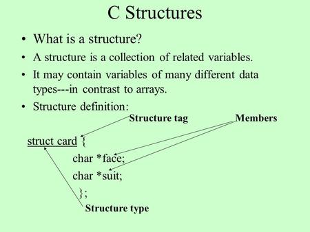 C Structures What is a structure? A structure is a collection of related variables. It may contain variables of many different data types---in contrast.