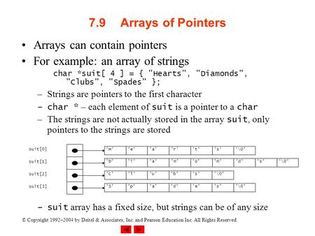 © Copyright 1992–2004 by Deitel & Associates, Inc. and Pearson Education Inc. All Rights Reserved. 7.9Arrays of Pointers Arrays can contain pointers For.