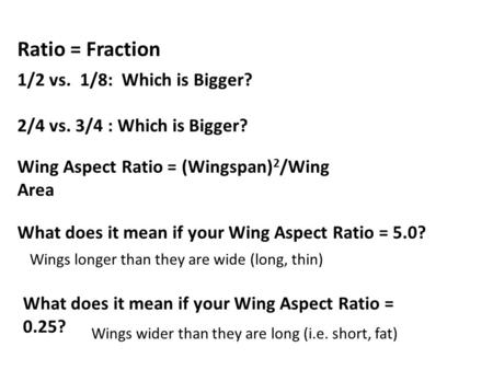 Ratio = Fraction 1/2 vs. 1/8: Which is Bigger? 2/4 vs. 3/4 : Which is Bigger? Wing Aspect Ratio = (Wingspan) 2 /Wing Area What does it mean if your Wing.