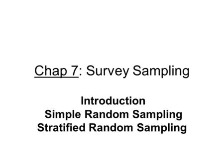 Introduction Simple Random Sampling Stratified Random Sampling