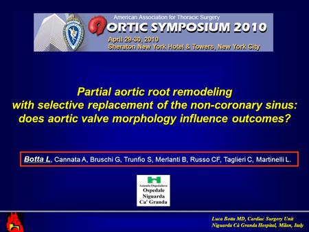Luca Botta MD, Cardiac Surgery Unit Niguarda Cà Granda Hospital, Milan, Italy Partial aortic root remodeling with selective replacement of the non-coronary.