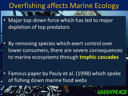 Overfishing affects Marine Ecology Major top-down force which has led to major depletion of top predators By removing species which exert control over.