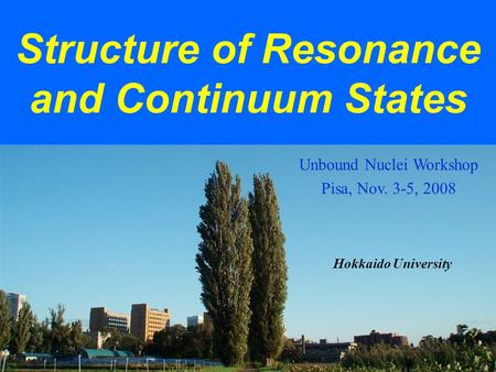 Structure of Resonance and Continuum States Hokkaido University Unbound Nuclei Workshop Pisa, Nov. 3-5, 2008.