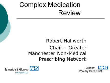 Complex Medication Review Robert Hallworth Chair – Greater Manchester Non-Medical Prescribing Network Oldham Primary Care Trust.
