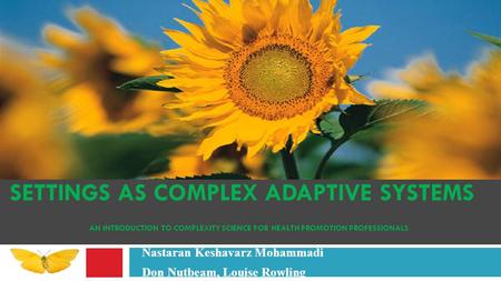 SETTINGS AS COMPLEX ADAPTIVE SYSTEMS AN INTRODUCTION TO COMPLEXITY SCIENCE FOR HEALTH PROMOTION PROFESSIONALS Nastaran Keshavarz Mohammadi Don Nutbeam,