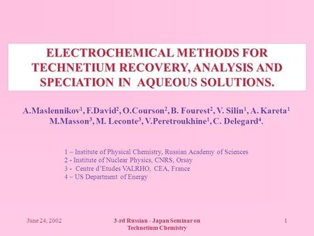 June 24, 20023-rd Russian - Japan Seminar on Technetium Chemistry 1 ELECTROCHEMICAL METHODS FOR TECHNETIUM RECOVERY, ANALYSIS AND SPECIATION IN AQUEOUS.