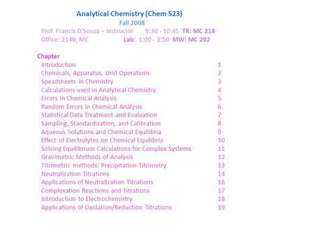 Analytical Chemistry (Chem 523) Fall 2008 Prof. Francis D'Souza – Instructor 9:30 - 10:45 TR: MC 218 Office: 214B, MCLab: 1:00 - 3:50 MW: MC 202 Chapter.