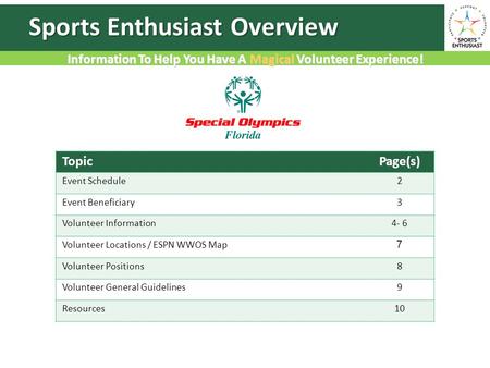 Information To Help You Have A Magical Volunteer Experience! Sports Enthusiast Overview TopicPage(s) Event Schedule2 Event Beneficiary3 Volunteer Information4-