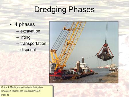 1 Dredging Phases 4 phases –excavation –lifting –transportation –disposal Guide 4: Machines, Methods and Mitigation; Chapter 2: Phases of a Dredging Project;