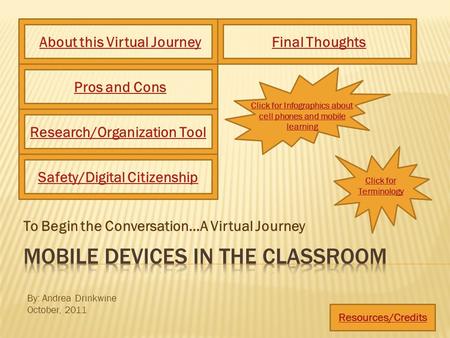 To Begin the Conversation…A Virtual Journey Click for Infographics about cell phones and mobile learning About this Virtual JourneyPros and Cons Resources/Credits.