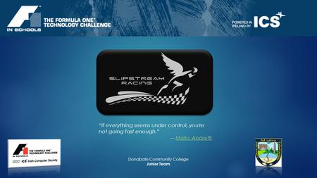 If everything seems under control, you're not going fast enough. Mario AndrettiMario Andretti Donabate Community College Junior Team.