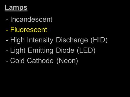 Lamps - Incandescent - Fluorescent - High Intensity Discharge (HID)