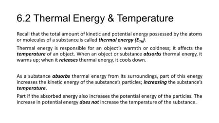 6.2 Thermal Energy & Temperature