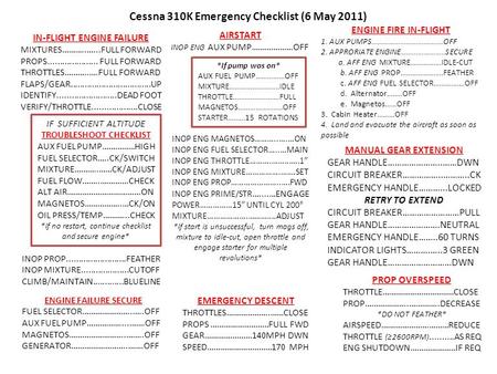 Cessna 310K Emergency Checklist (6 May 2011)