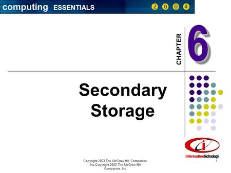 Computing ESSENTIALS CHAPTER Copyright 2003 The McGraw-Hill Companies, Inc.Copyright 2003 The McGraw-Hill Companies, Inc. 1 66 Secondary Storage computing.
