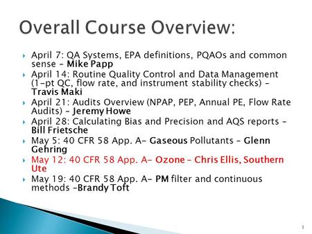 April 7: QA Systems, EPA definitions, PQAOs and common sense – Mike Papp April 14: Routine Quality Control and Data Management (1-pt QC, flow rate, and.
