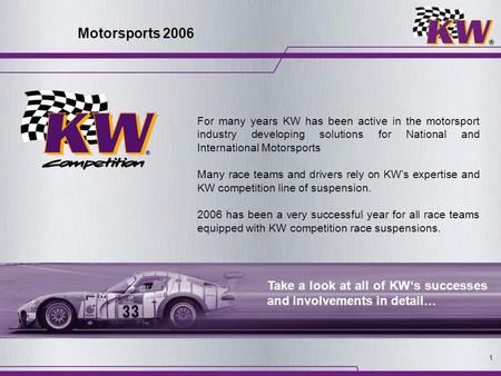 Motorsports 2006 For many years KW has been active in the motorsport industry developing solutions for National and International Motorsports Many race.