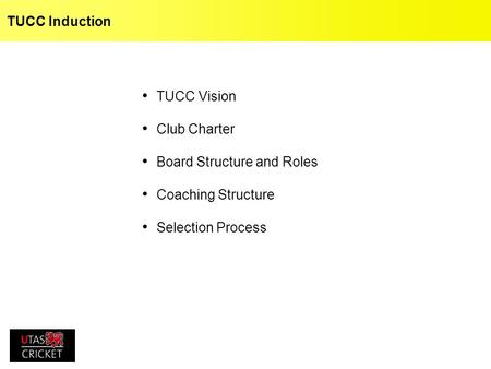 TUCC Induction TUCC Vision Club Charter Board Structure and Roles Coaching Structure Selection Process.