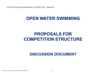 1 ASA OPEN WATER SWIMMING _ PROPOSALS FOR DISCUSSION OPEN WATER SWIMMING PROPOSALS FOR COMPETITION STRUCTURE DISCUSSION DOCUMENT ASA Technical Open Water.