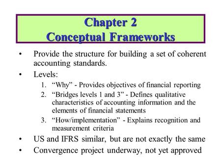 Provide the structure for building a set of coherent accounting standards. Levels: 1.Why - Provides objectives of financial reporting 2.Bridges levels.