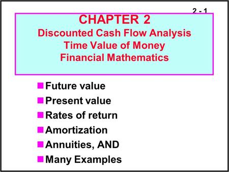 Future value Present value Rates of return Amortization Annuities, AND