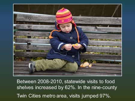 Between 2008-2010, statewide visits to food shelves increased by 62%. In the nine-county Twin Cities metro area, visits jumped 97%.