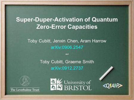 Toby Cubitt, Jenxin Chen, Aram Harrow arXiv:0906.2547 and Toby Cubitt, Graeme Smith arXiv:0912.2737 Super-Duper-Activation of Quantum Zero-Error Capacities.