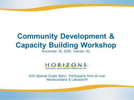 Community Development & Capacity Building Workshop November 18, 2008, Gander, NL With Special Guest Stars: Participants from all over Newfoundland & Labrador!!!