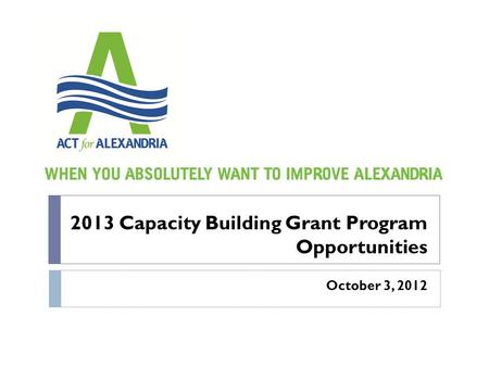 2013 Capacity Building Grant Program Opportunities October 3, 2012.