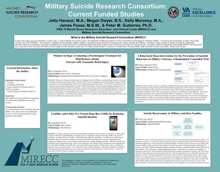 Military Suicide Research Consortium: Current Funded Studies Jetta Hanson, M.A., Megan Dwyer, B.S., Kelly Moroney, M.A., James Pease, M.S.W., & Peter M.