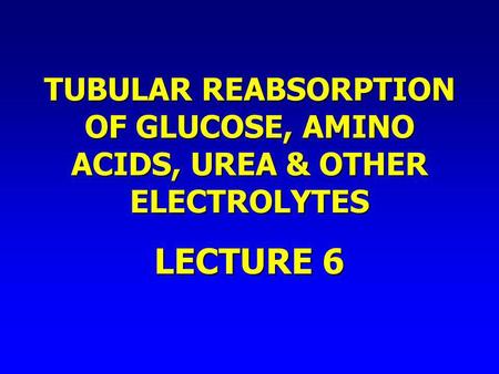 TUBULAR REABSORPTION OF GLUCOSE, AMINO ACIDS, UREA & OTHER ELECTROLYTES LECTURE 6.