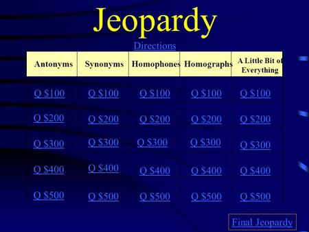 Jeopardy Directions Directions AntonymsSynonymsHomophonesHomographs A Little Bit of Everything Q $100 Q $200 Q $300 Q $400 Q $500 Q $100 Q $200 Q $300.