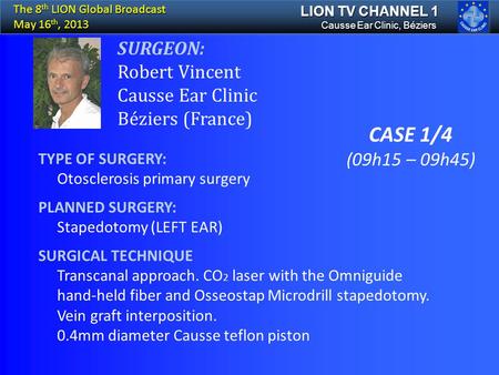 CASE 1/4 SURGEON: Robert Vincent Causse Ear Clinic Béziers (France)