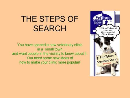 THE STEPS OF SEARCH You have opened a new veterinary clinic in a small town, and want people in the vicinity to know about it. You need some new ideas.
