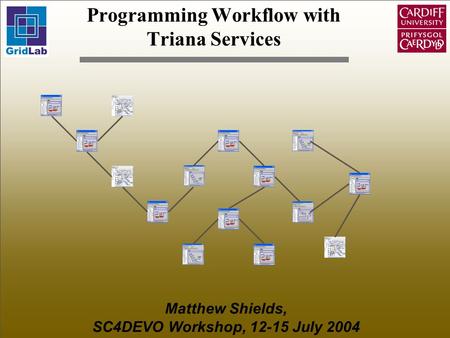 Programming Workflow with Triana Services Matthew Shields, SC4DEVO Workshop, 12-15 July 2004.